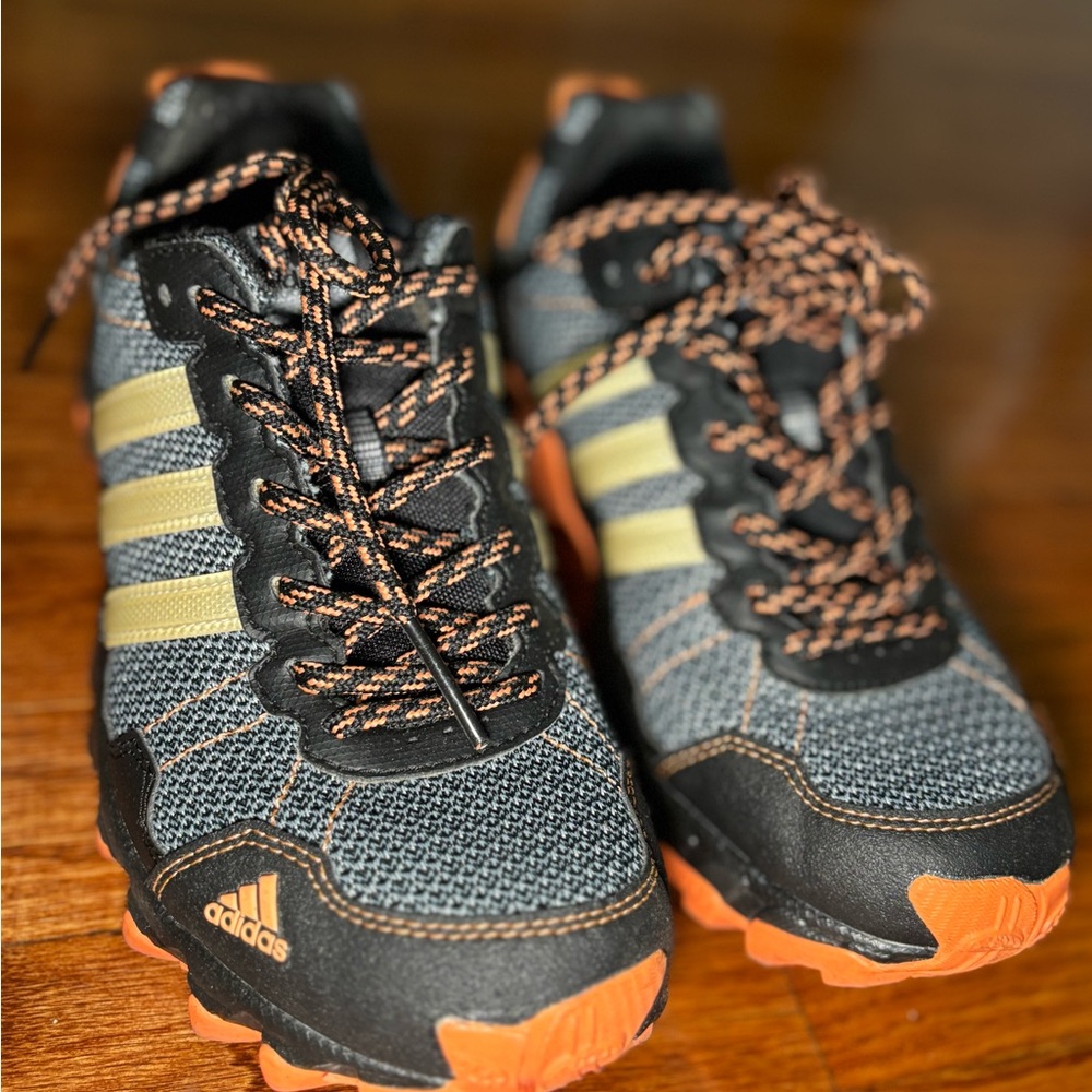 Adidas Black and Orange Sneakers with Yellow Stripes